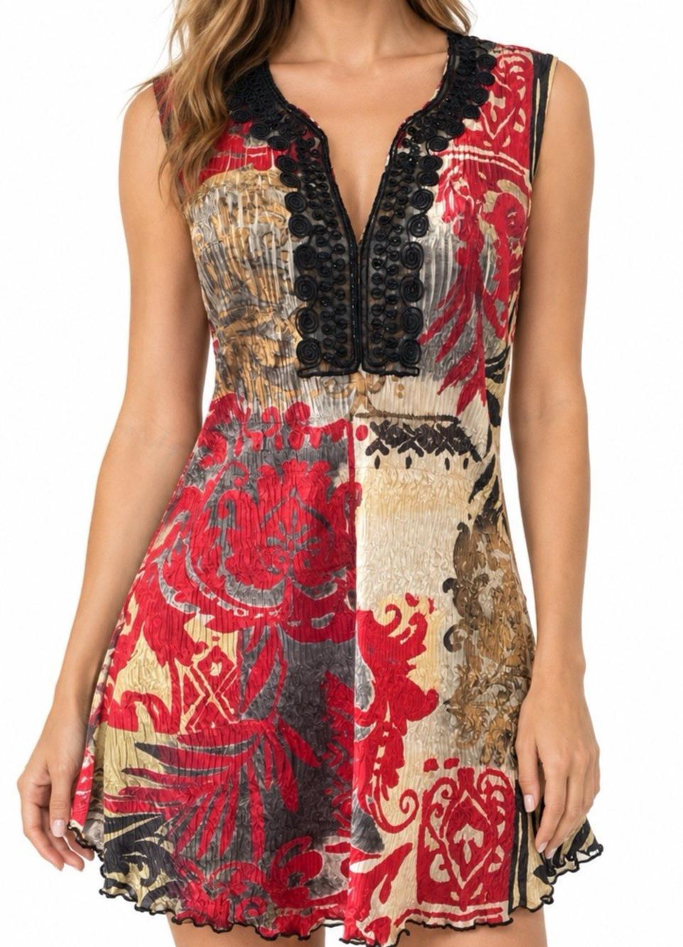 Komarov Top Blouse Tunic Crinkle Floral Red Black V neck Sleeveless Abstract XL